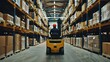 Warehouse worker operates a forklift in a warehouse, warehouse distribution center