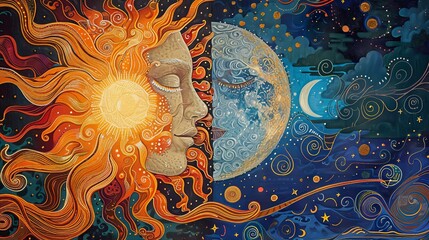 Create a vibrant and intricate art piece depicting the sun and moon embracing in a celestial dance