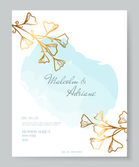 Wall Mural - Luxury wedding invitation card background with golden line art flower and botanical leaves. Template layout design for invite card, luxury invitation card and cover template.