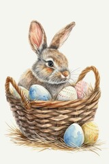 Poster - A watercolor painting of a bunny rabbit sitting in a basket filled with Easter eggs.