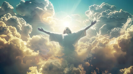 Wall Mural - Jesus Christ in the clouds in heaven with open arms