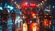 A group of firefighters walk down a dark street in front of a fire truck