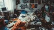 untidy bedroom filled with a mix of personal items, clothing, and technology, creating a lived-in and chaotic space with a hint of personality