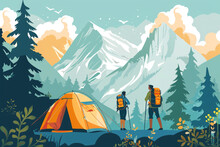  Illustration Of Wilderness Survival. Outdoor Camping With Smart People Concept