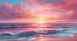 Craft a detailed image of a cute pink ocean during the magical moments of sunrise or sunset. Showcase the vibrant pink hues in the sky, with the clouds casting soft, warm reflections-AI Generative