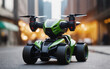 Toy car in green and black, futuristic drone speedways, toon render of friendly humanoid insect robot. Police drone patrols a city landscape
