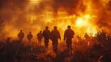 Fototapeta Tulipany - Soldiers navigating through hazardous wildfire field