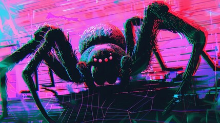 Spider in web with black body and red eyes drawn in neon style. The aggressive and horrible insect is looking at us. Illustration for cover, card, postcard, interior design, decor or print.