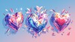 Three sparkling crystal hearts floating against a soft blue and pink gradient background