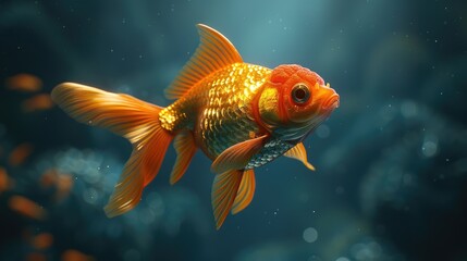 Wall Mural - A detailed view of a cute tropical goldfish swimming gracefully in an aquarium. A goldfish is elegantly swimming in dark water, gracefully moving its fins and tail as it navigates the tank