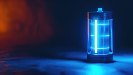 Wall Mural - Futuristic blue lantern glowing on a dark wooden background