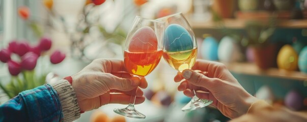 Wall Mural - A Joyful Moment Captured as a Loving Couple Celebrates Easter with a Unique Toast, Clinking Colorfully Painted Eggs Together