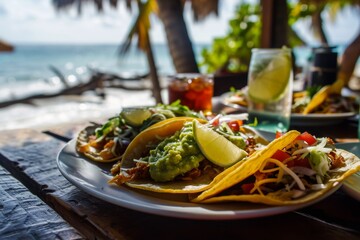 Beach front dining experience with a plate of tacos topped with guacamole and lime, accompanied by a refreshing beverage, ocean in the backdrop