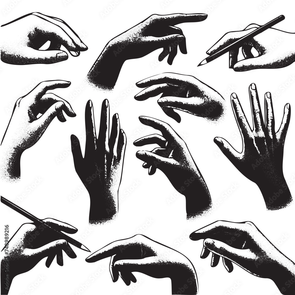 Hands set with a retro photocopy effect. Trendy y2k elements for design ...