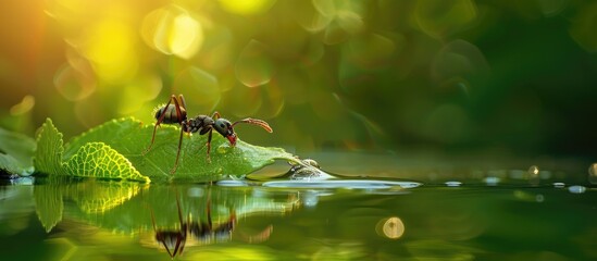 Wall Mural - Two bees are perched on a vibrant green leaf, showcasing their intricate striped bodies. The bees appear to be resting or perhaps pollinating the leaf.