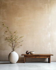 Wall Mural - Rustic wooden bench and clay vase with branch near beige grunge stucco wall with copy space. Japandi, wabi-sabi home interior design of modern living room.