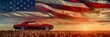 The USA flag as a backdrop for a classic muscle car on Route 66 at dawn