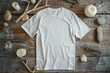 a rocker unisex white round neck t-shirt mockup on a worn wooden surface
