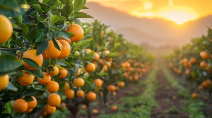 a citrus grove, with rows of orange and lemon trees stretching into the distance