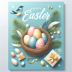 Happy Easter day. Easter eggs and flowers on a blue background with a happy easter card