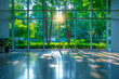 Blurred empty modern open space office with large windows and green trees on the outside, environment friendly business background