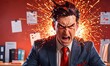 An animated businessman's head explodes with fiery sparks in a comical display of rage. Set in an office environment, the image captures a humorous exaggeration of stress at work. AI generation AI
