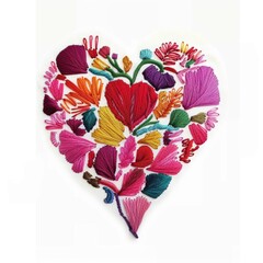 Wall Mural - A heart made out of different colored threads, embroidery on white background