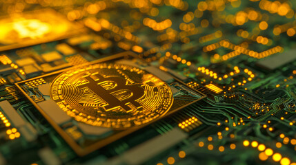 Bitcoin and Cryptocurrency investments, development of cryptocurrency projects, Background image. Bitcoin coin on an electronic circuit board. Blockchain technology and security