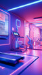 Sci-fi futuristic fitness center with neon lights in purple and blue colors