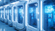 Futuristic sci-fi cryogenic stasis chambers in a spaceship or laboratory with a blue and white color scheme.