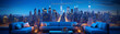 Cityscape of New York City with modern rooftop terrace at night in blue colors