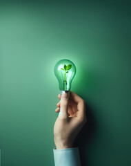 An electric light bulb, cradling a vibrant green sprout within, symbolizes the harmony of technology and nature. This image beautifully represents environmentally friendly energy.