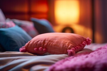 Wall Mural - Pink Pillow on Bed with Nightstand and Lamp
