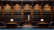 Two desks and chairs in a grand library with a coffered ceiling