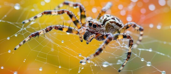 A spider is seen up close on its intricate web, showcasing the detailed patterns and structure. The spider appears to be waiting for prey, with its legs positioned strategically.