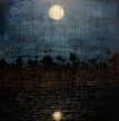 Impressionist-style painting of a marsh at night under a full moon, dark palette. From the series “North Dakota.