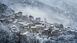 A heavy snowstorm blanketing a mountain village.