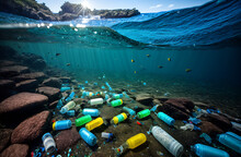 Plastic Garbage Lies At The Bottom, Pollution Of Ecology, Environment And Oceans, Global Warming And Climate Change