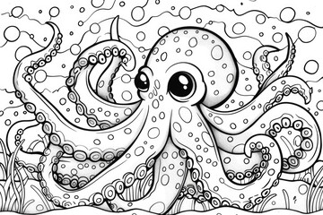 Wall Mural - An octopus is swimming in the ocean with bubbles, coloring book for kids.