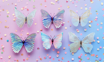  assorted holographic butterflies with sequins on pastel pink