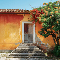 Charming Villa Entrance with Vibrant Flowers and Rustic Door