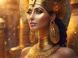 Fototapeta Konie - egyption Priestess-goddess portrait in presious headdress and necklace  posing against golden Temple at sunset. close up