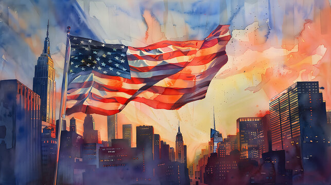 An American flag unfurled against a backdrop of skyscrapers in a bustling metropolis