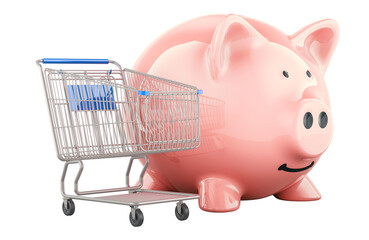 Canvas Print - Shopping Cart with Piggy bank. 3D rendering isolated on transparent background