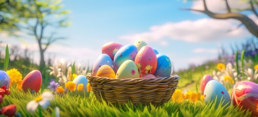 Wall Mural - colorful easter eggs in a basket in the spring sun