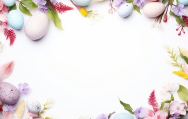 Canvas Print - colored eggs and leaves on white background