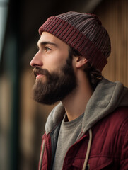 Wall Mural - Shot from the side of a bearded man with a knitted cap, wearing a hooded jacket