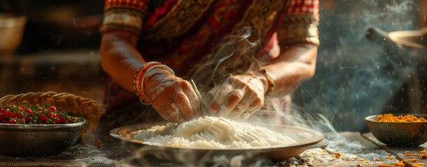 Wall Mural - woman at plate, putting dumplings on the table