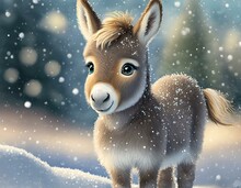 Snowy Frolic: Realistic Baby Donkey With Googly Eyes Delights In Playing Amidst Snow