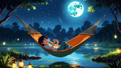 a lo-fi boy chills in a hammock near a lake, under a moonlight sky with falling stars, seamless 4k l
